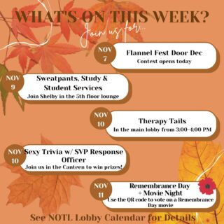 Want to hang out in your sweatpants, dominate the scoreboard in trivia, and pet some puppers? Well you can do all of that and more this week at the NC NOTL residence.

Be sure to check the lobby calendar or speak to a member of the RLS for more details, times, and locations of each of these awesome events.