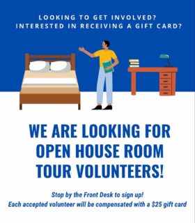 Hey residents! Interested in getting involved and receiving a gift card? 🤔 The Niagara College Open House is this Saturday November 12 from 10am-2pm and we need residence room tour volunteers! Stop by the front desk for more information and to sign up! 🤩 #NCResidence