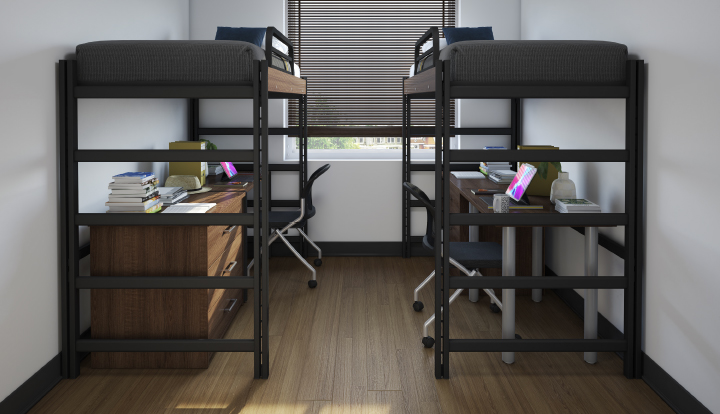 View from the entrance of a shared bedroom featuring 2 single loft over desk style beds.